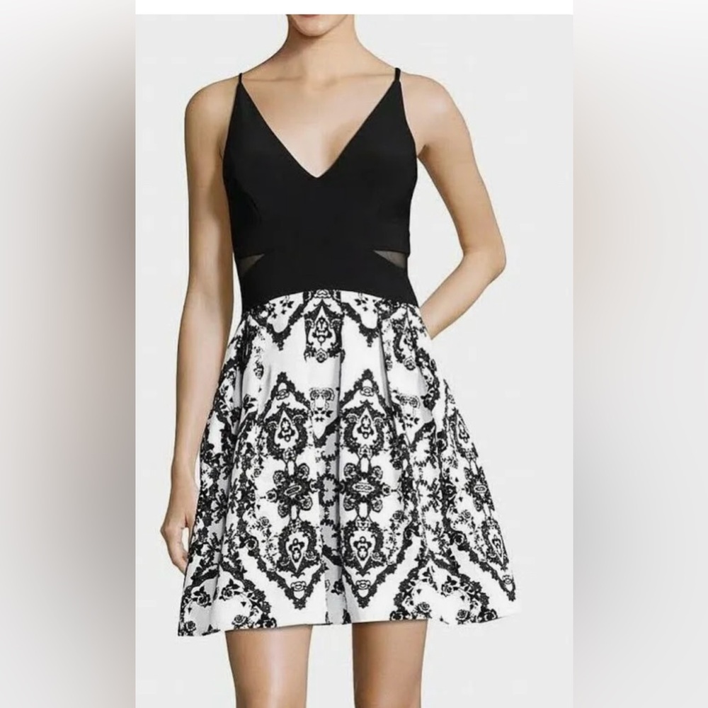 Xscape black and white lined cocktail dress size 2